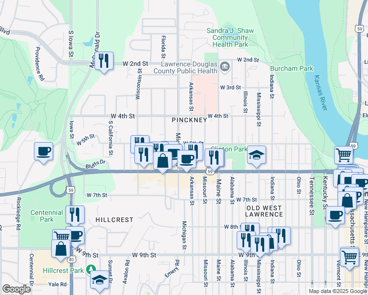 map of restaurants, bars, coffee shops, grocery stores, and more near 532 Michigan Street in Lawrence