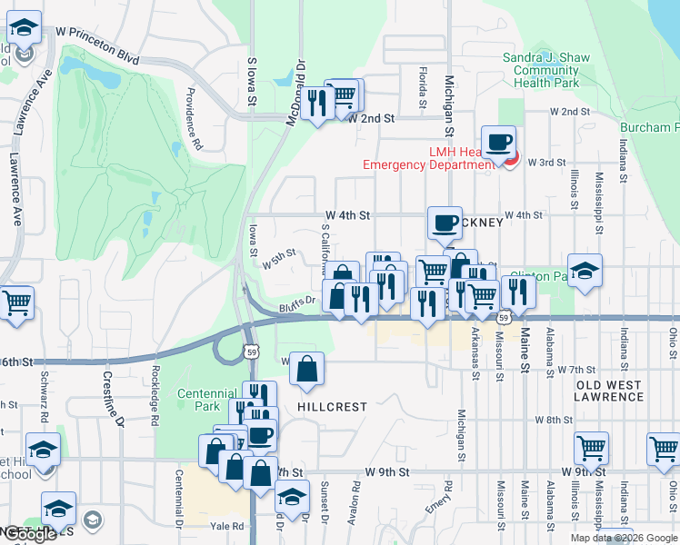 map of restaurants, bars, coffee shops, grocery stores, and more near 503 Colorado Street in Lawrence