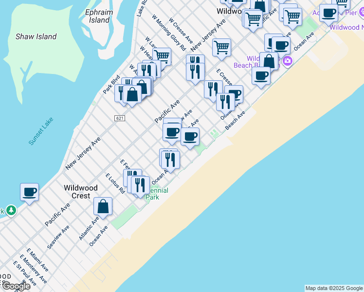 map of restaurants, bars, coffee shops, grocery stores, and more near 6109 Atlantic Avenue in Wildwood