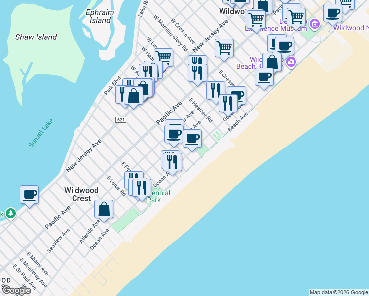 map of restaurants, bars, coffee shops, grocery stores, and more near 6109 Atlantic Avenue in Wildwood