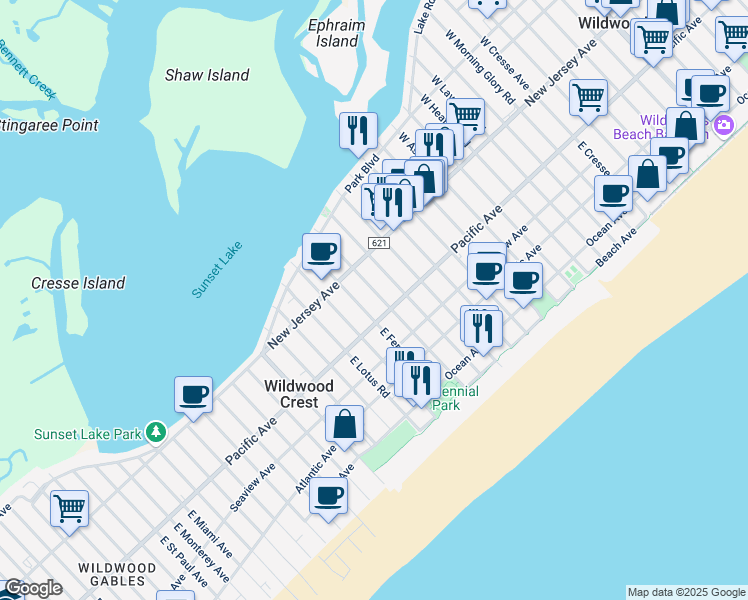 map of restaurants, bars, coffee shops, grocery stores, and more near 125 East Fern Road in Wildwood Crest
