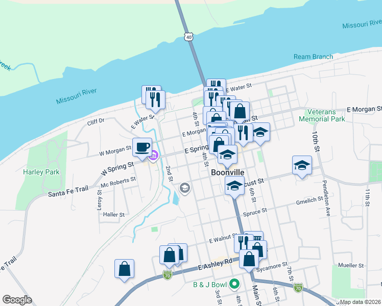 map of restaurants, bars, coffee shops, grocery stores, and more near 408 3rd Street in Boonville