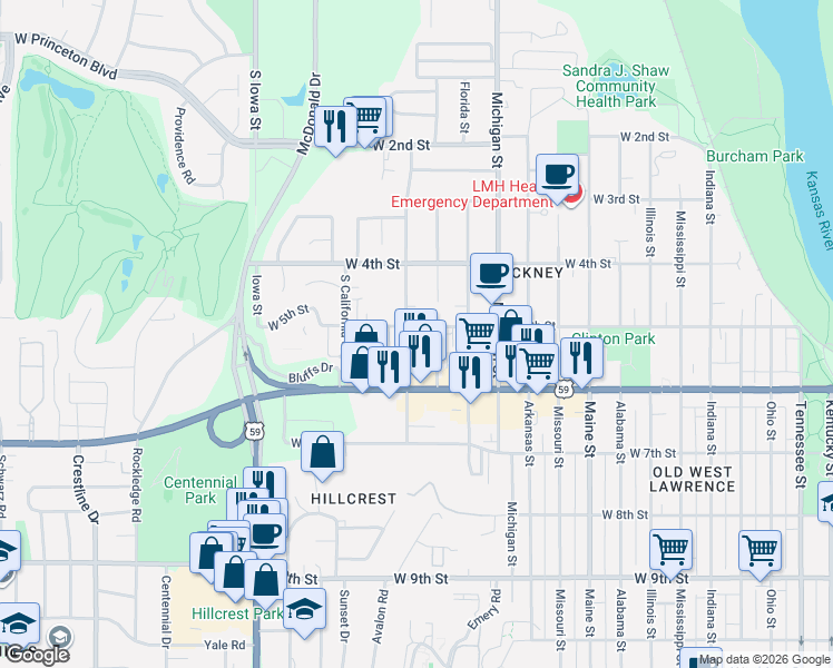 map of restaurants, bars, coffee shops, grocery stores, and more near 512 Wisconsin Street in Lawrence