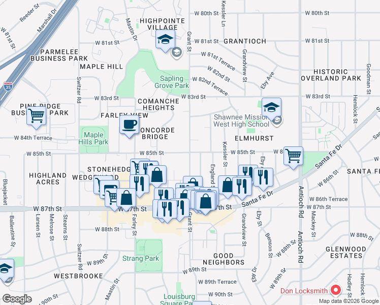 map of restaurants, bars, coffee shops, grocery stores, and more near West 85th Street & Grant Avenue in Overland Park