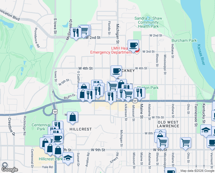 map of restaurants, bars, coffee shops, grocery stores, and more near 512 Minnesota Street in Lawrence