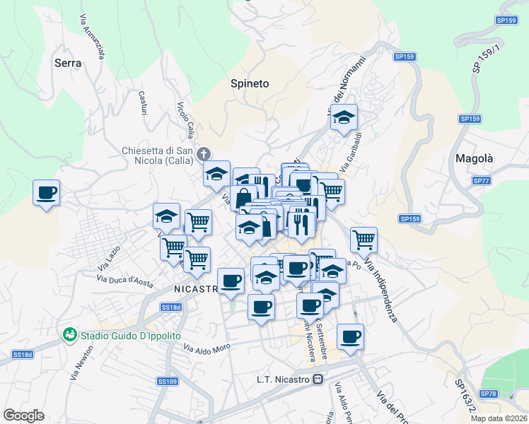map of restaurants, bars, coffee shops, grocery stores, and more near 9 Via Mario Paola in Lamezia Terme