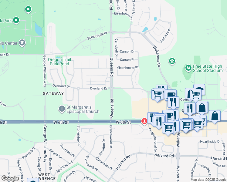 map of restaurants, bars, coffee shops, grocery stores, and more near 5245 Overland Drive in Lawrence
