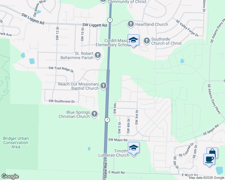 map of restaurants, bars, coffee shops, grocery stores, and more near 7701-7743 Highway 7 in Blue Springs
