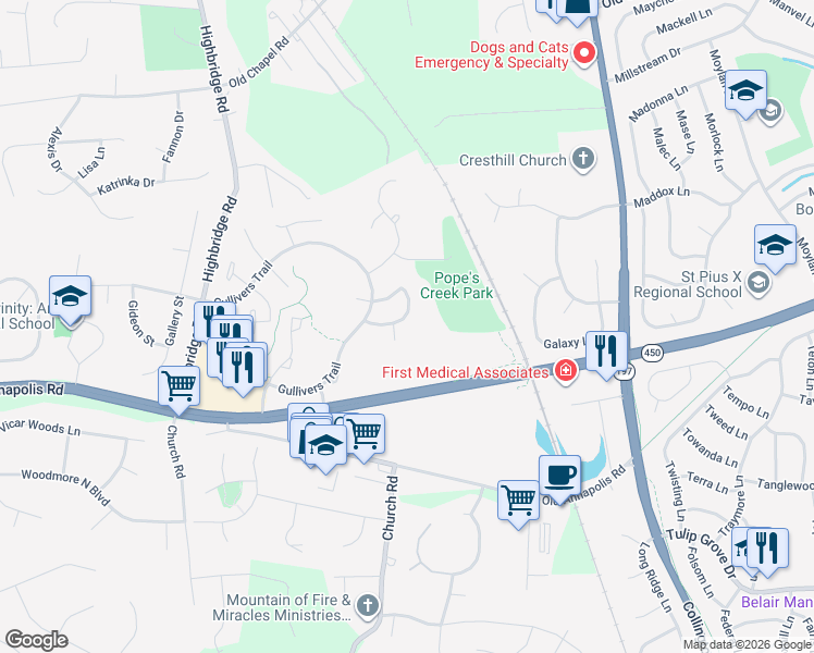 map of restaurants, bars, coffee shops, grocery stores, and more near 6025 Grenfell Loop in Bowie