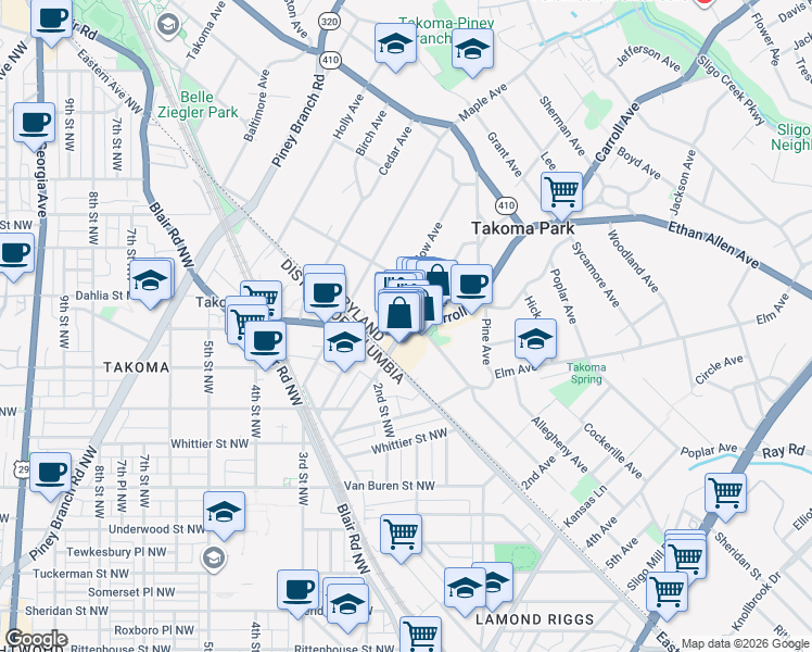 map of restaurants, bars, coffee shops, grocery stores, and more near 7006 Carroll Avenue in Takoma Park