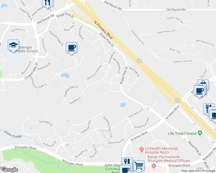 map of restaurants, bars, coffee shops, grocery stores, and more near 3734 Tuscanna Grove in Colorado Springs