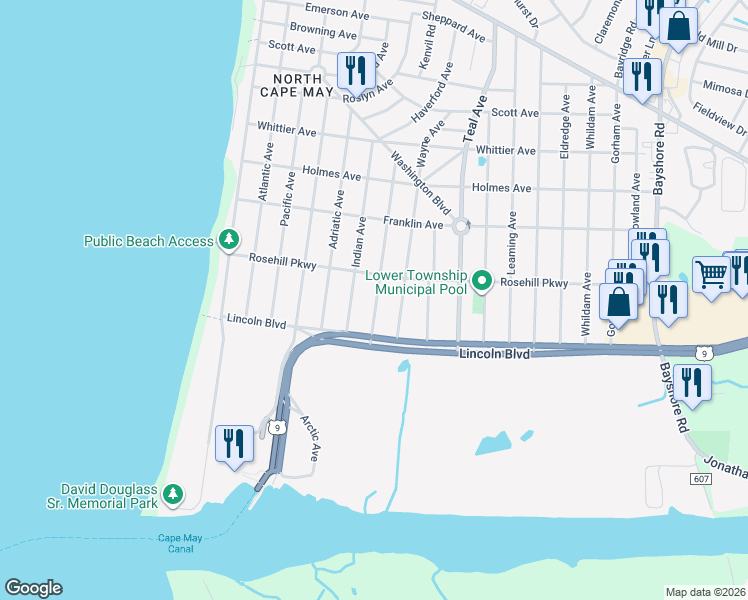 map of restaurants, bars, coffee shops, grocery stores, and more near 710 Caspian Avenue in North Cape May