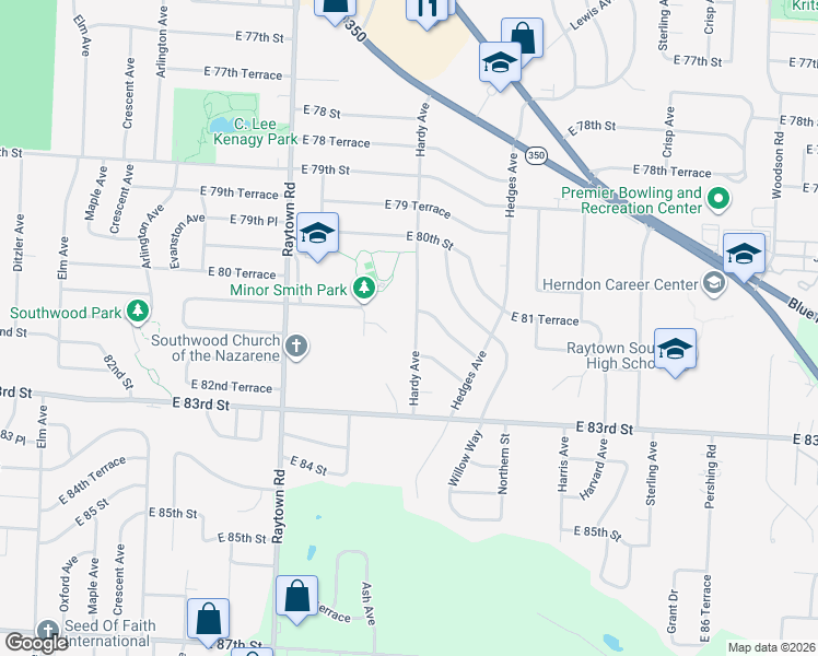 map of restaurants, bars, coffee shops, grocery stores, and more near 8119 Hardy Avenue in Raytown