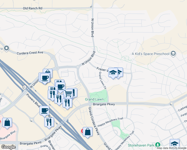 map of restaurants, bars, coffee shops, grocery stores, and more near 4849 Trinidad Lake Court in Colorado Springs