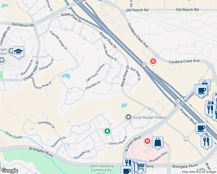 map of restaurants, bars, coffee shops, grocery stores, and more near 3718 Tuscanna Grove in Colorado Springs