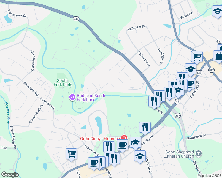 map of restaurants, bars, coffee shops, grocery stores, and more near 71 Wellington Drive in Florence