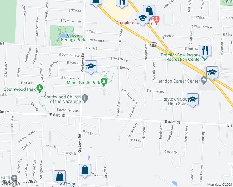 map of restaurants, bars, coffee shops, grocery stores, and more near 8119 Hardy Avenue in Raytown
