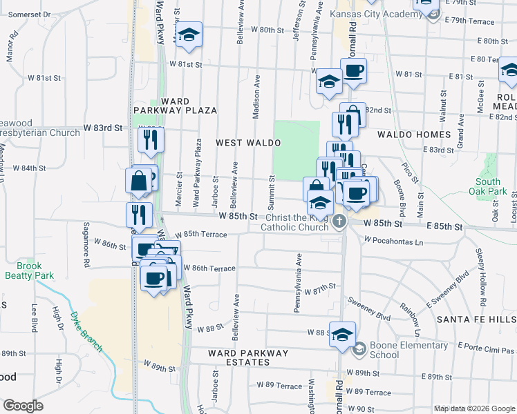map of restaurants, bars, coffee shops, grocery stores, and more near 818 West 85th Street in Kansas City
