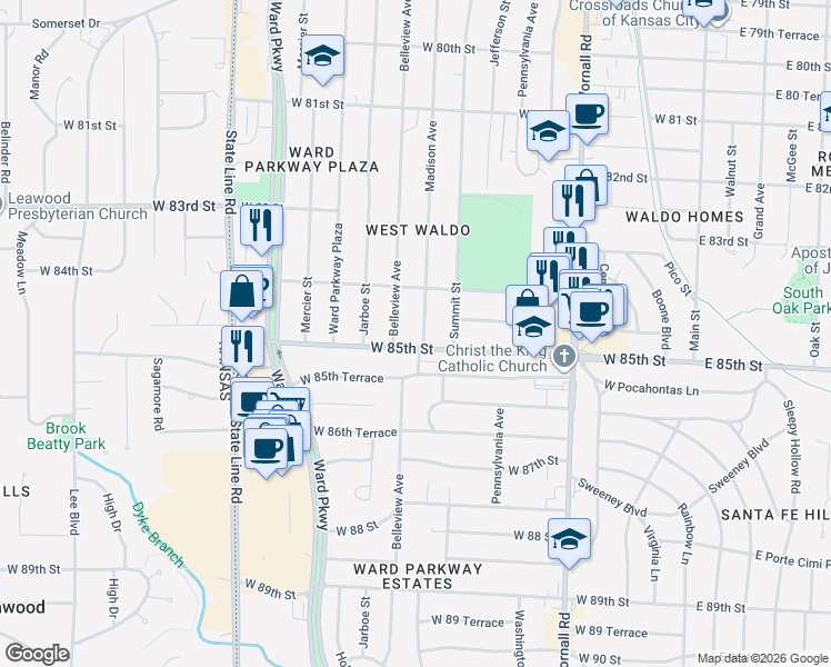 map of restaurants, bars, coffee shops, grocery stores, and more near 818 West 85th Street in Kansas City