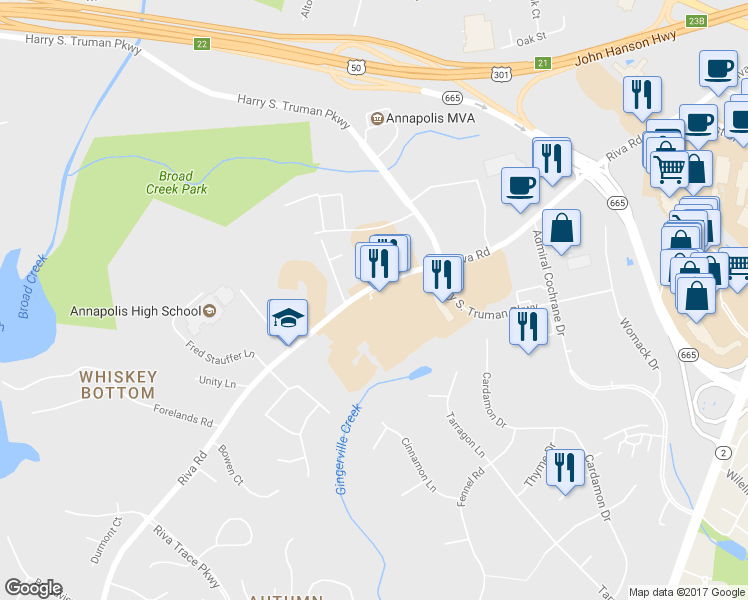 map of restaurants, bars, coffee shops, grocery stores, and more near 2641 Riva Rd in Parole