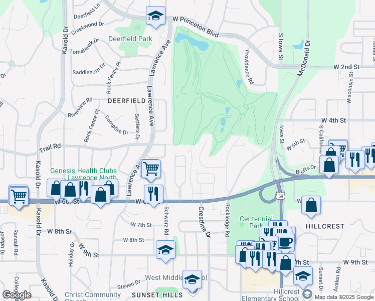 map of restaurants, bars, coffee shops, grocery stores, and more near 400 Graystone Drive in Lawrence