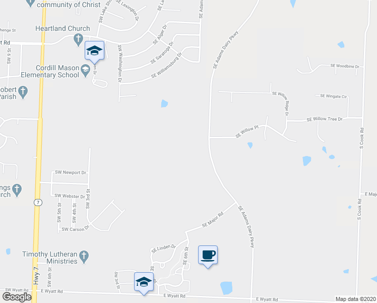 map of restaurants, bars, coffee shops, grocery stores, and more near 4401 Southeast Adams Dairy Parkway in Blue Springs