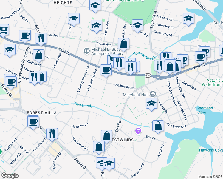 map of restaurants, bars, coffee shops, grocery stores, and more near 119 South Villa Avenue in Annapolis