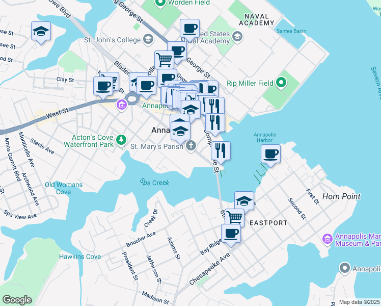 map of restaurants, bars, coffee shops, grocery stores, and more near 109 Duke of Gloucester Street in Annapolis