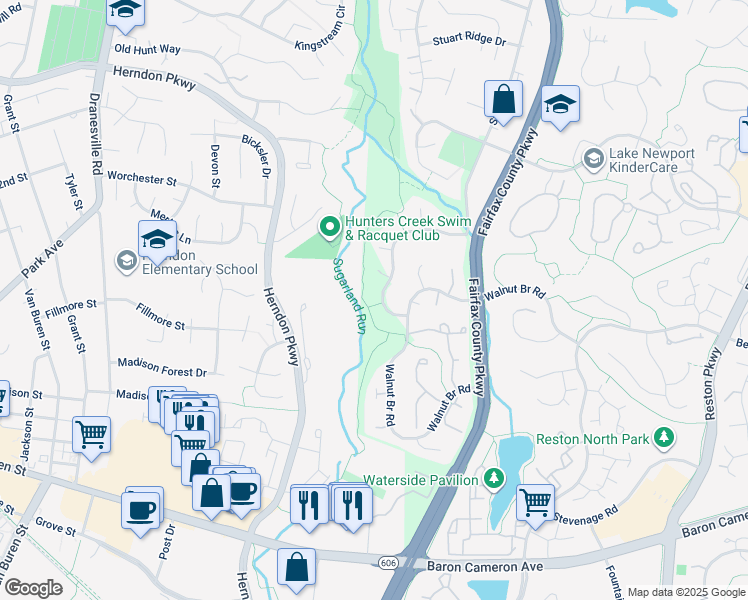 map of restaurants, bars, coffee shops, grocery stores, and more near 12046 Creekbend Drive in Reston