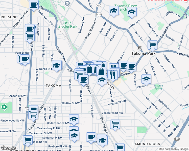 map of restaurants, bars, coffee shops, grocery stores, and more near Carroll Street Northwest in Washington