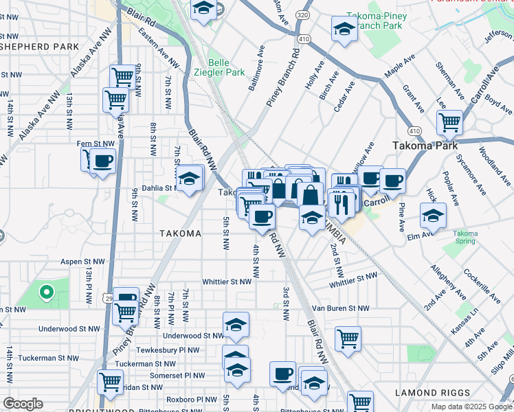 map of restaurants, bars, coffee shops, grocery stores, and more near 341 Cedar Street Northwest in Washington