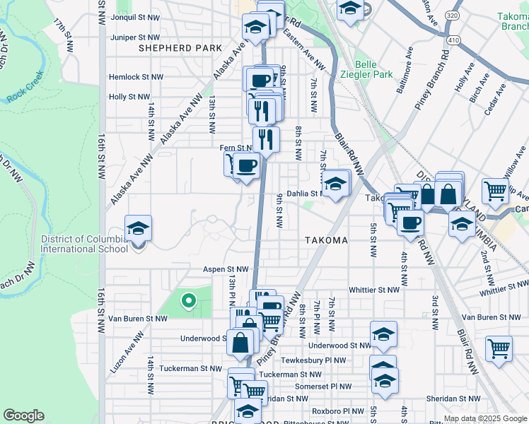 map of restaurants, bars, coffee shops, grocery stores, and more near 6939 Georgia Avenue Northwest in Washington
