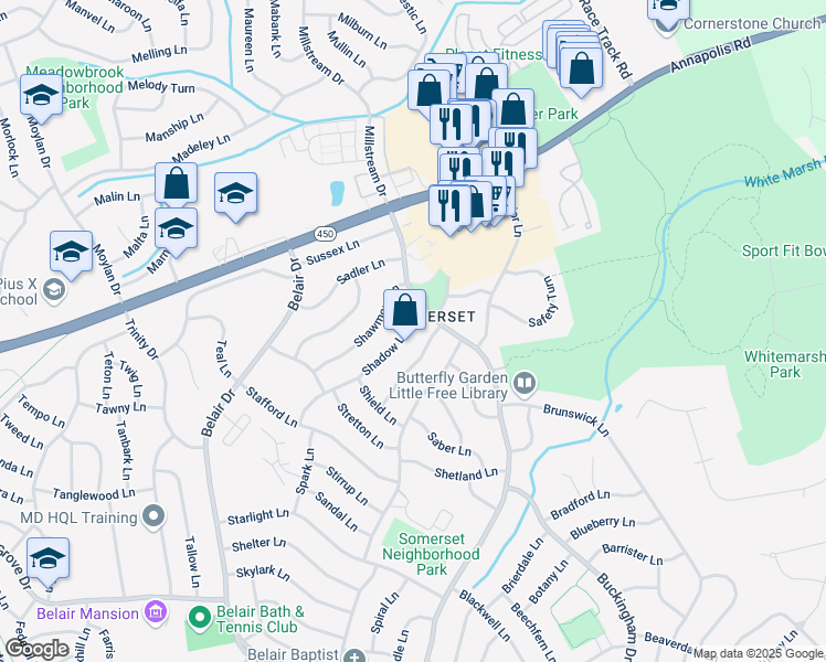 map of restaurants, bars, coffee shops, grocery stores, and more near 12429 Shadow Lane in Bowie