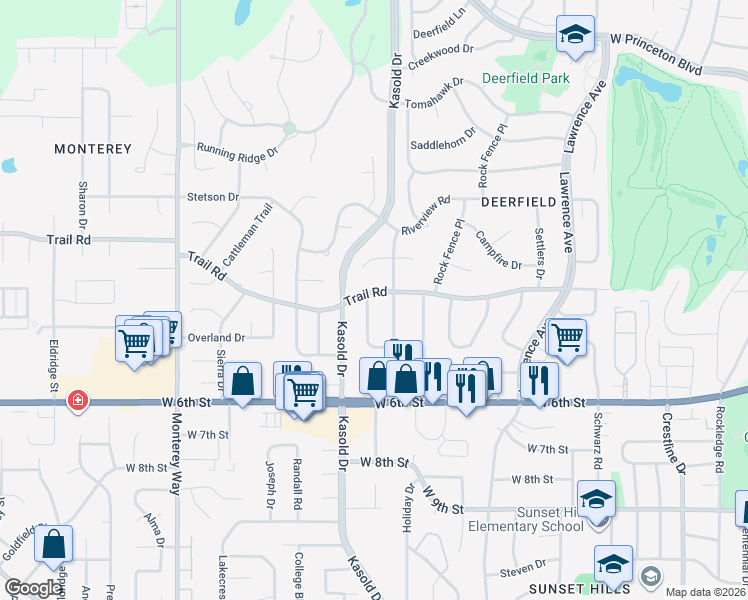 map of restaurants, bars, coffee shops, grocery stores, and more near 510-514 Arizona Street in Lawrence