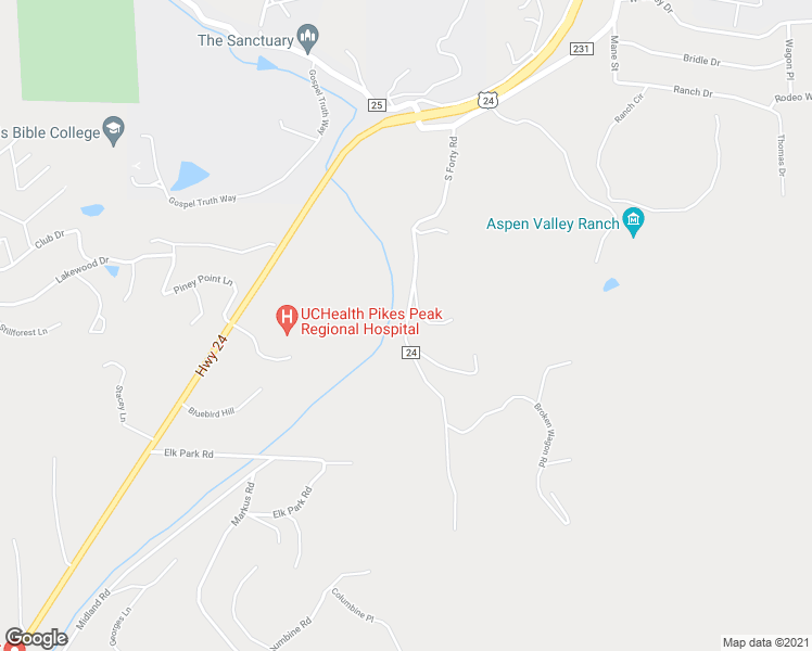 map of restaurants, bars, coffee shops, grocery stores, and more near South Forty Road in Woodland Park