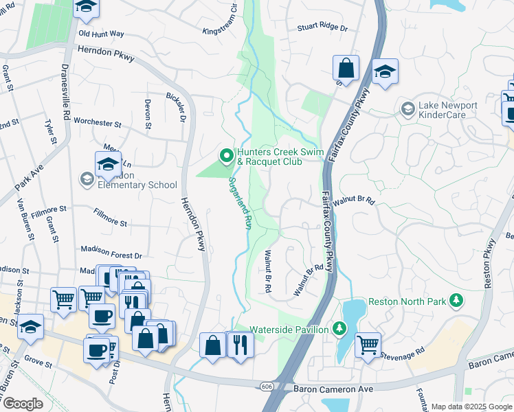 map of restaurants, bars, coffee shops, grocery stores, and more near 12046 Creekbend Drive in Reston