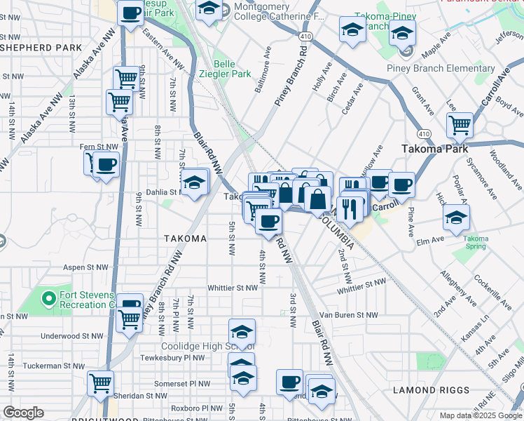 map of restaurants, bars, coffee shops, grocery stores, and more near 343 Cedar Street Northwest in Washington
