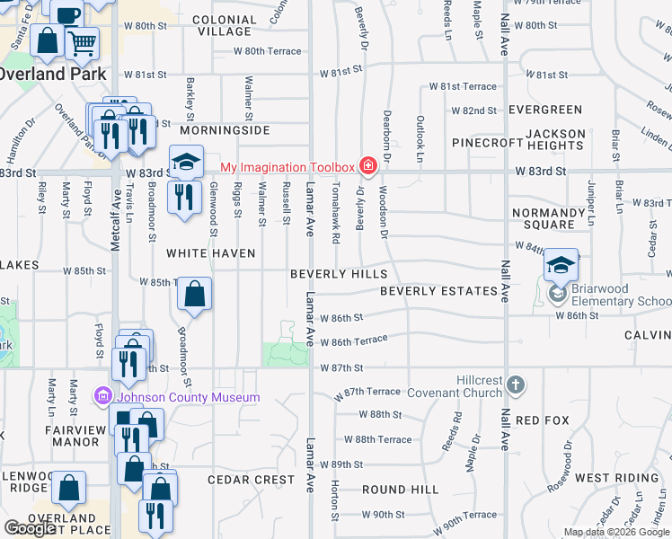 map of restaurants, bars, coffee shops, grocery stores, and more near 11608 Tomahawk Road in Overland Park