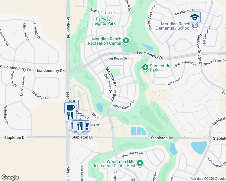 map of restaurants, bars, coffee shops, grocery stores, and more near 9827 Everglades Drive in Peyton