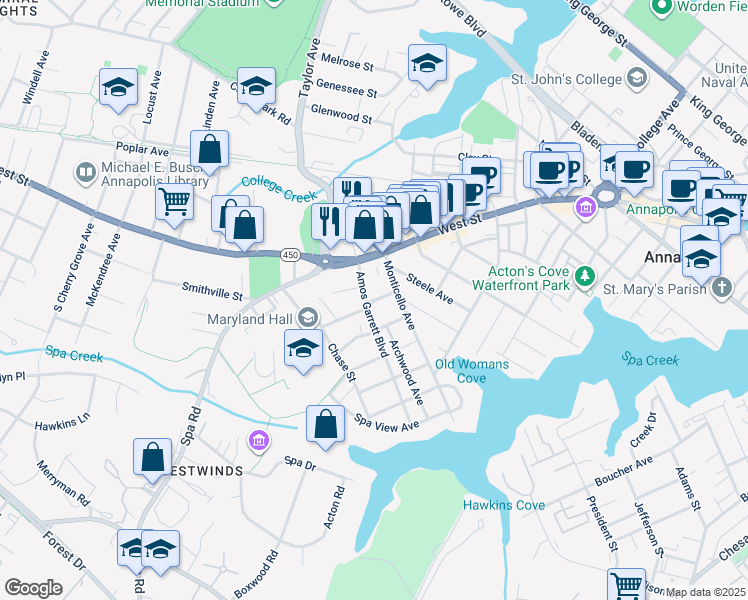 map of restaurants, bars, coffee shops, grocery stores, and more near Brooke Avenue in Annapolis