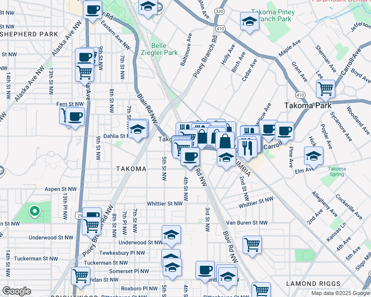 map of restaurants, bars, coffee shops, grocery stores, and more near 343 Cedar Street Northwest in Washington