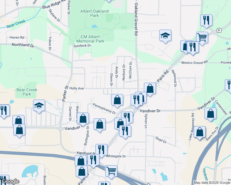 map of restaurants, bars, coffee shops, grocery stores, and more near 2301 Andy Drive in Columbia