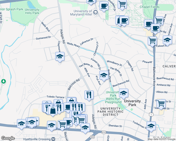 map of restaurants, bars, coffee shops, grocery stores, and more near 6903 40th Avenue in University Park