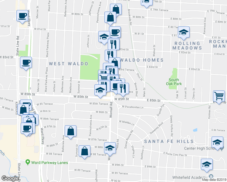 map of restaurants, bars, coffee shops, grocery stores, and more near 8431 Wornall Road in Kansas City