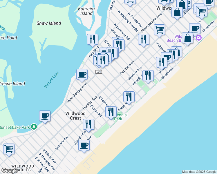 map of restaurants, bars, coffee shops, grocery stores, and more near in Wildwood Crest