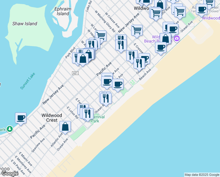map of restaurants, bars, coffee shops, grocery stores, and more near 6109 Atlantic Avenue in Wildwood
