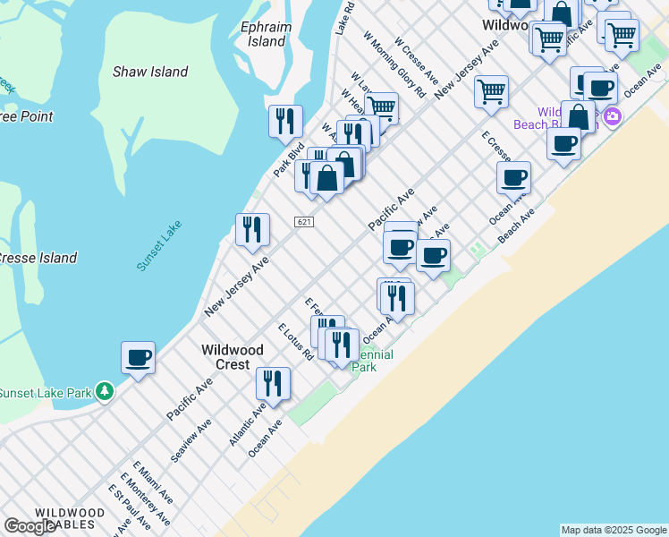 map of restaurants, bars, coffee shops, grocery stores, and more near in Wildwood Crest