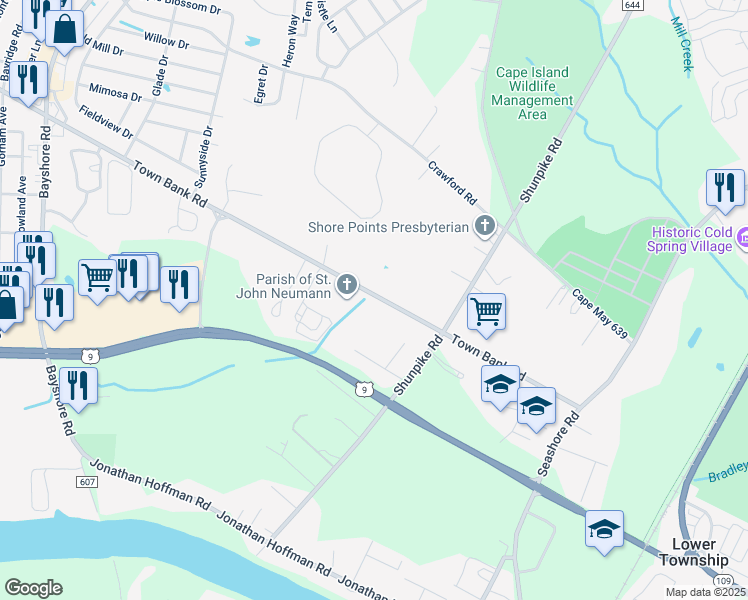 map of restaurants, bars, coffee shops, grocery stores, and more near 688A Town Bank Road in North Cape May