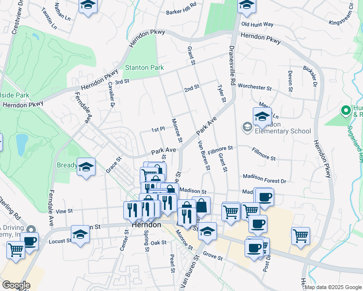 map of restaurants, bars, coffee shops, grocery stores, and more near 902 Monroe Street in Herndon