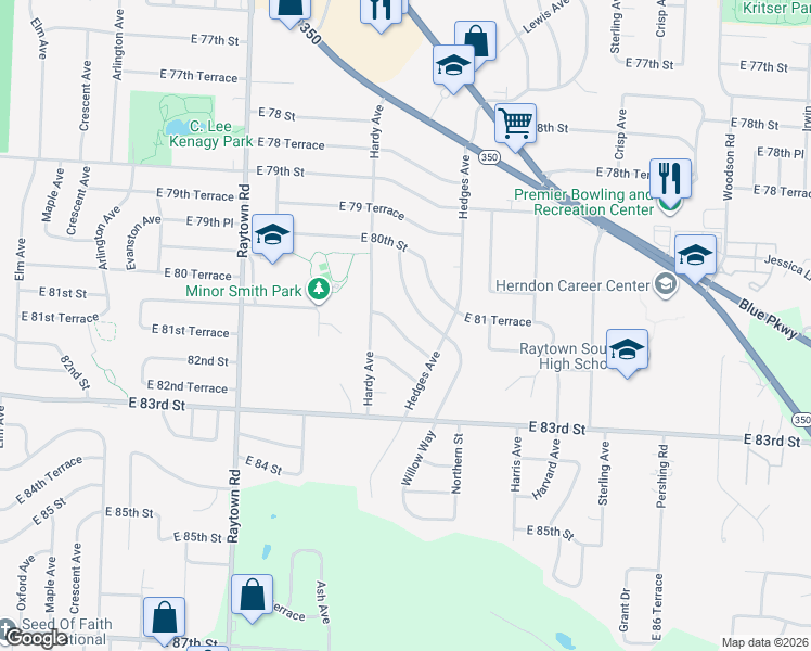 map of restaurants, bars, coffee shops, grocery stores, and more near 10510 East 81 Terrace in Raytown